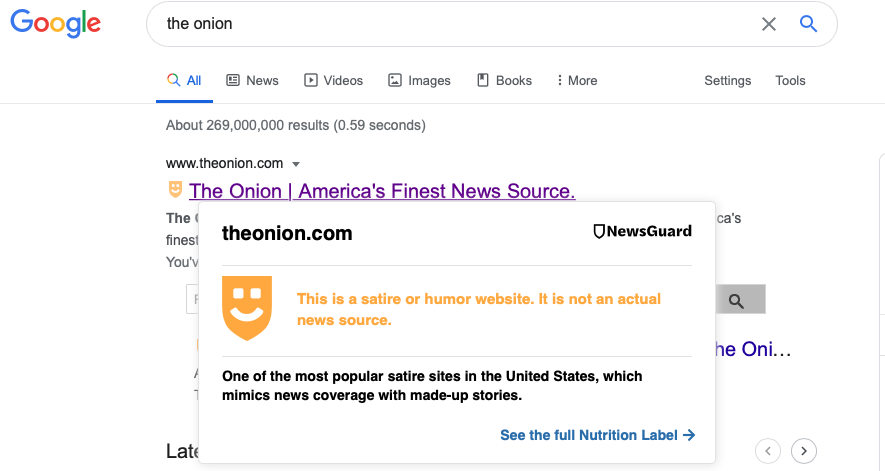 A Google search for "The Onion," showing the NewsGuard label of satire site