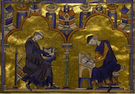 Medieval Reader dictating, scribe copying