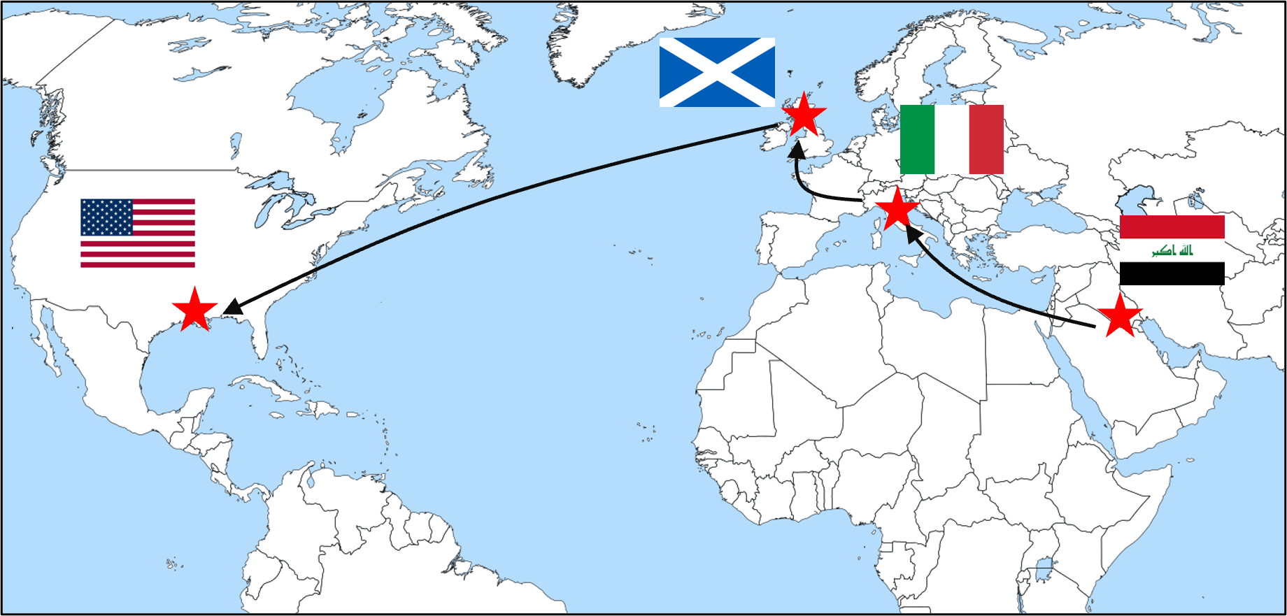 map indicating iraq, italy, scotland and louisiana