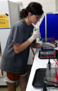 Photo of Kristen Bice in the lab holding a pippette over a gel electrophoresis tank