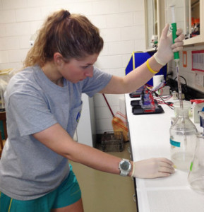 Photo of Molly Lonergan in the lab using a pippette