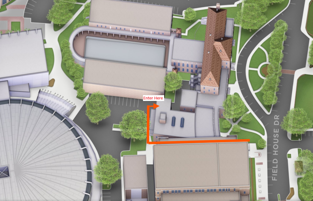 Map detailing how to get to the lab from the front of the Huey P Long Fieldhouse