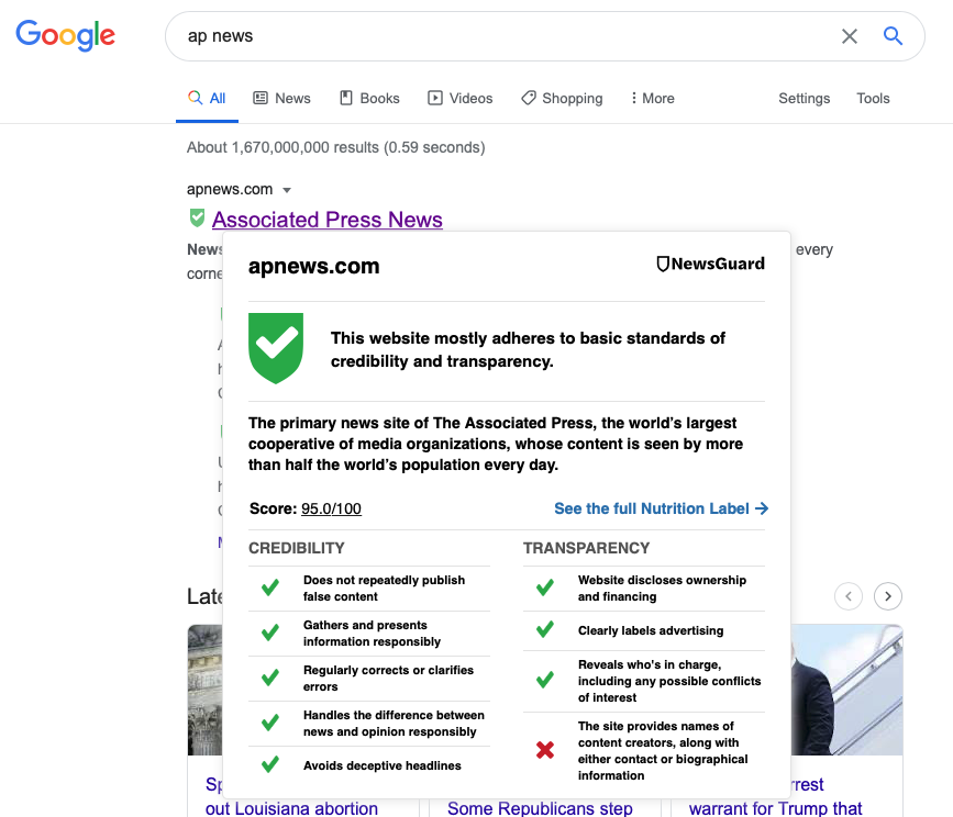 A Google search of "AP News," showing the NewsGuard checkmark and nutrition label