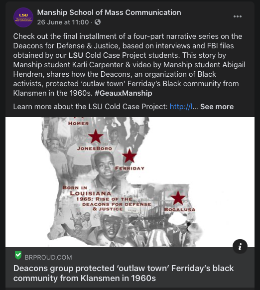 A Facebook post linking to news source Baton Rouge Proud has a NewsGuard checkmark