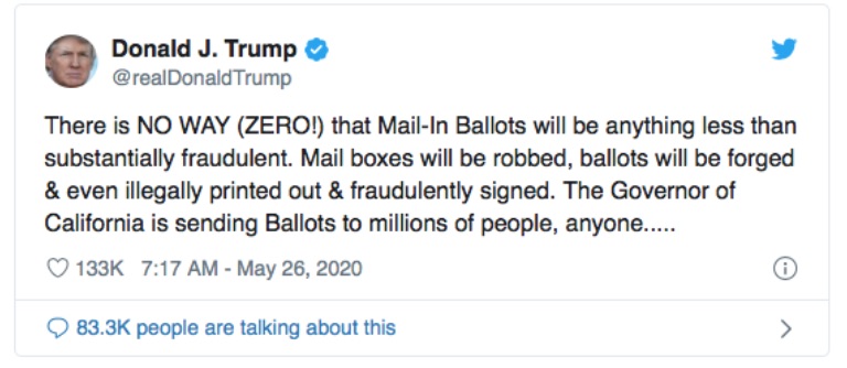 A tweet by president trump that reads: "There is no way (ZERO) that mail-in ballots will be anything less than substantially fradulent. Mail boxes will be robbed, ballots will be forged and even illegally printed out and fradulently signed. The Governor of California is sending ballots to millions of people.."