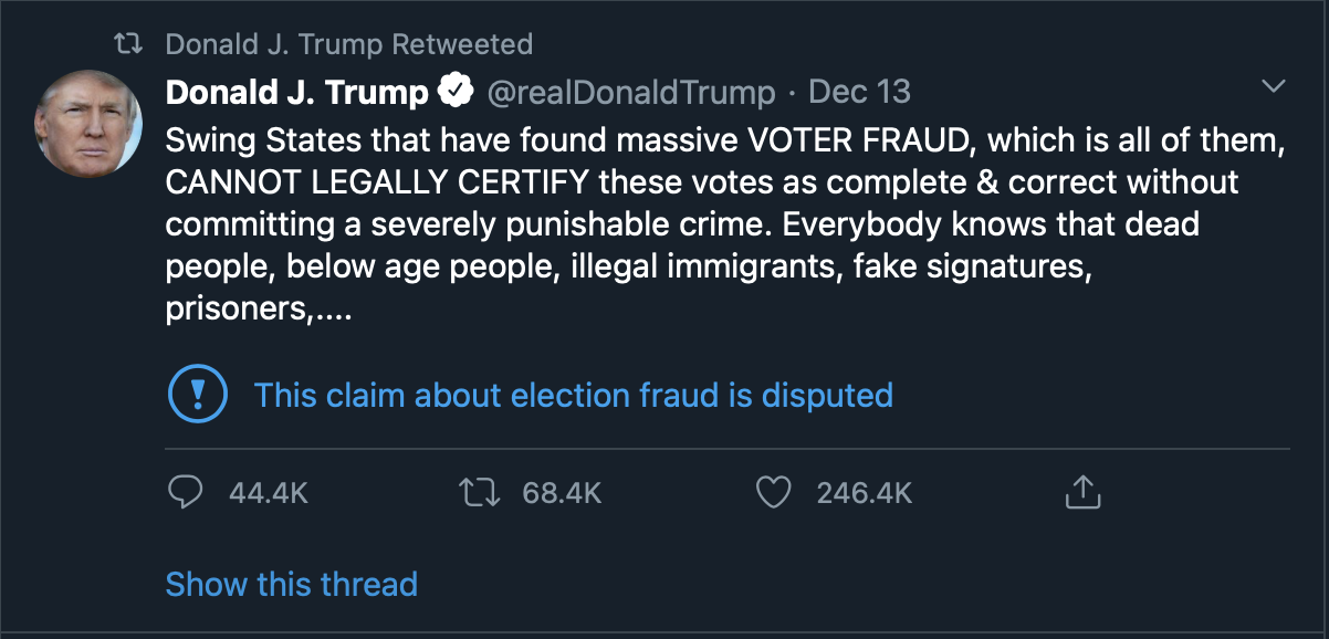 A tweet from Donald Trump claiming massive voter fraud in swing states.