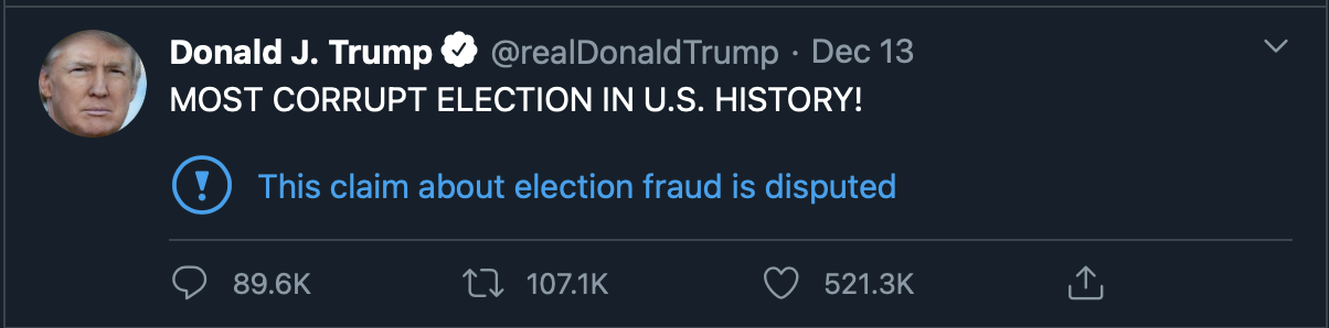 A Trump tweet, claiming "Most corrupt election in U.S. History!"
