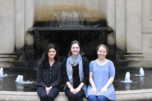 Erica, Jeanne, Sarah in front of fountain