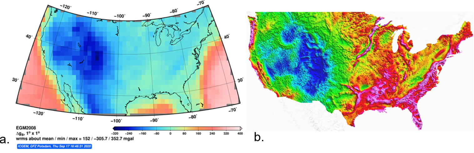 Bouguer gravity anomaly plots measured from satellite and land based gravimeters
