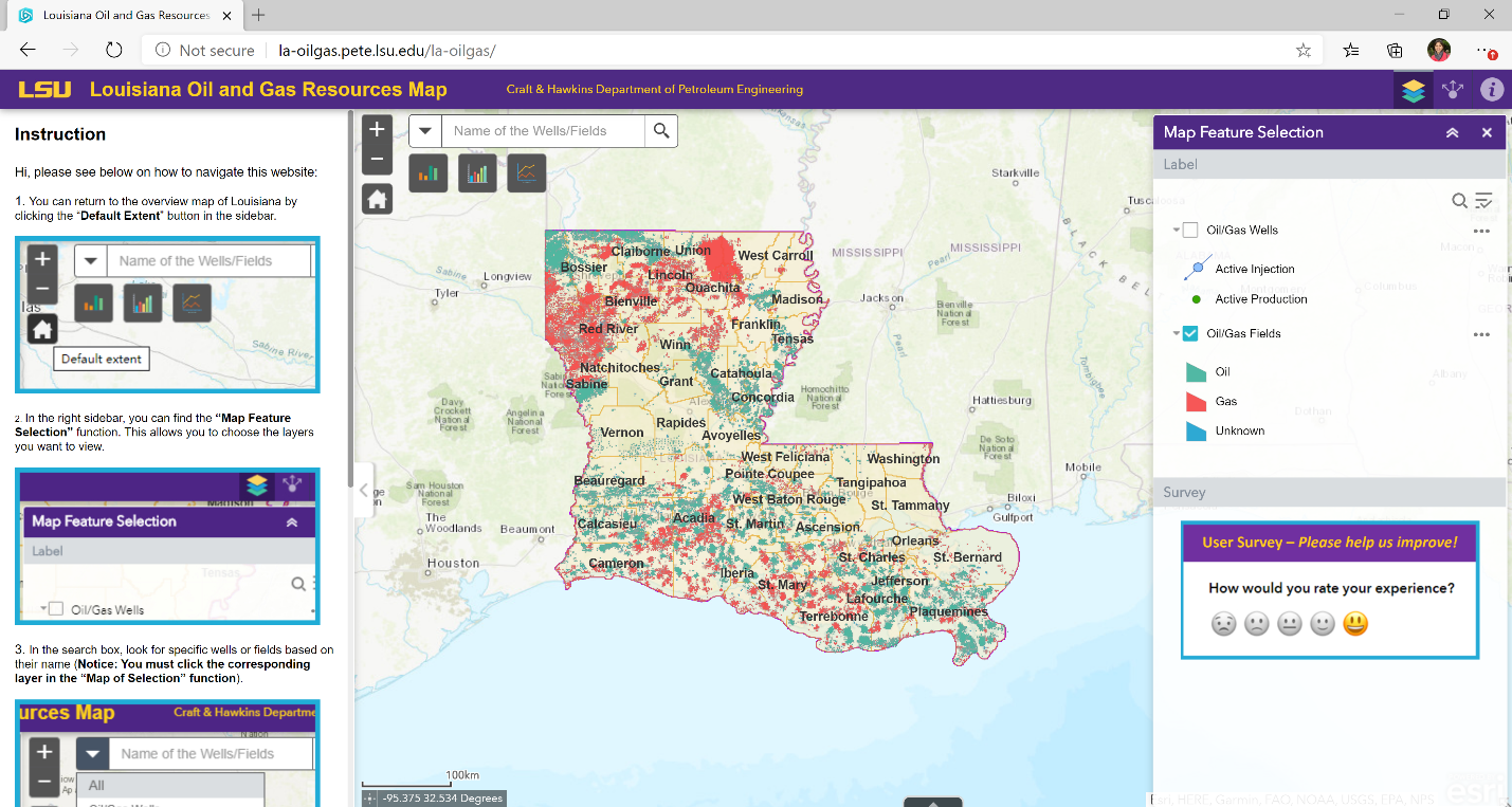 online webportal showing the location of oil and gas field and wells in Louisiana
