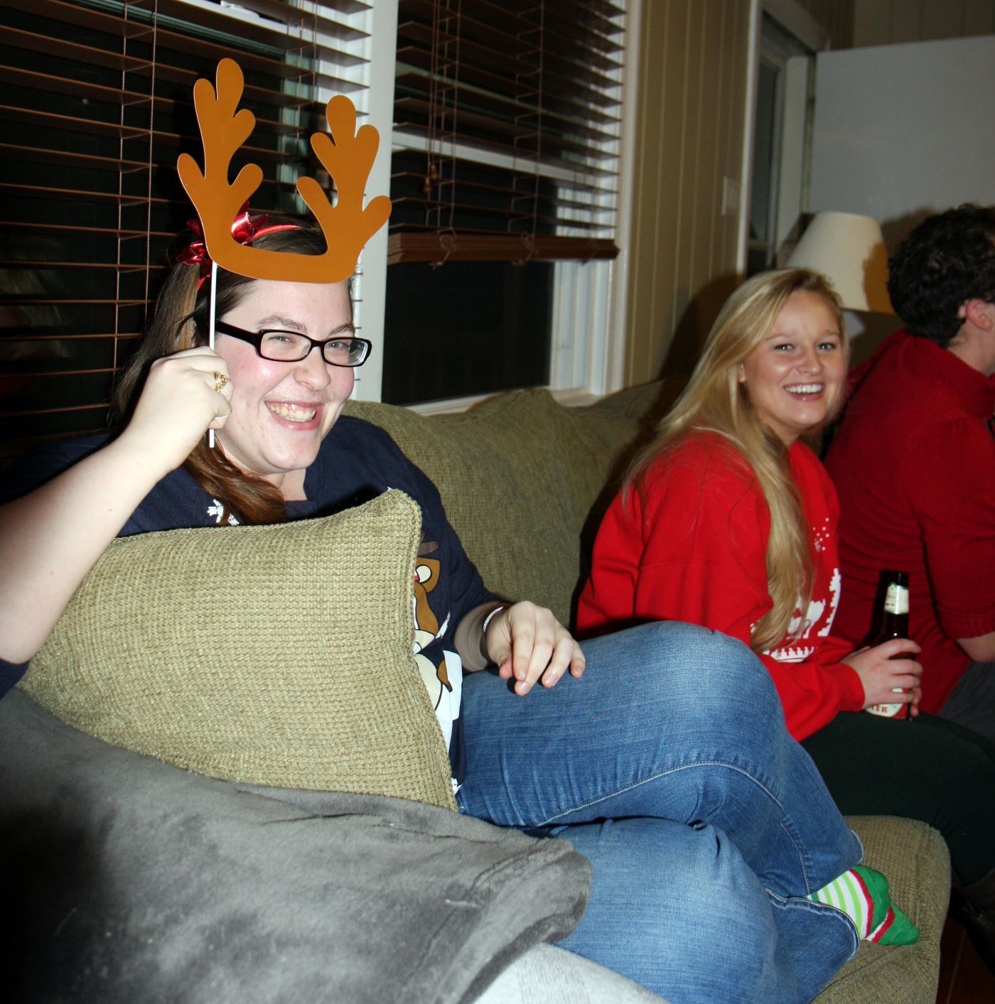 Julie with reindeer antlers and undergrad