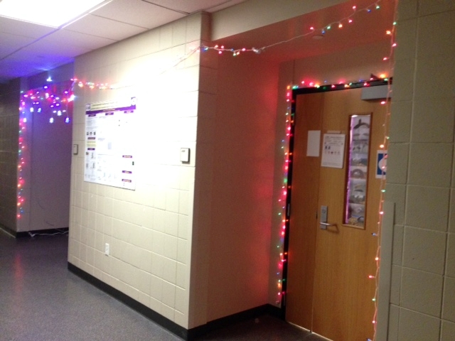 lab door and hallway with holiday decorative lights