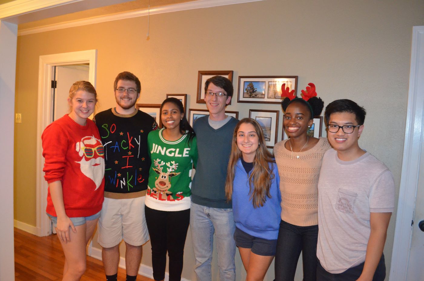 group picture of Maruska lab undergrads with ugly sweaters