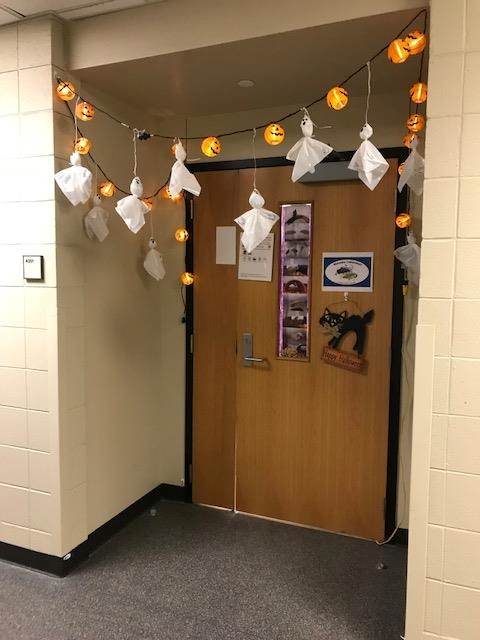 Maruska lab door covered with Halloween decorations
