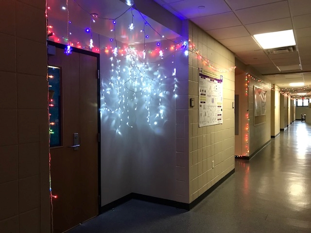 Winter Holidays decorations in the Maruska lab hallway