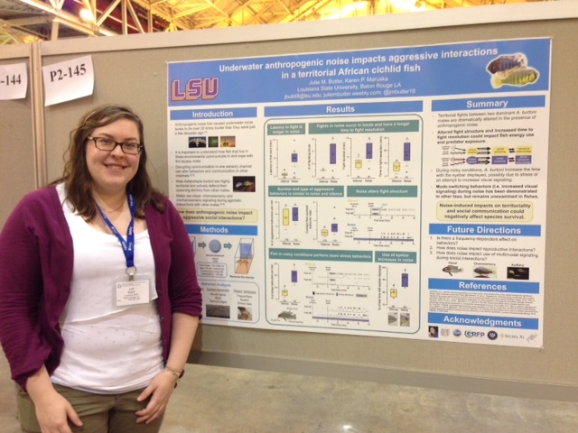 Julie presents a poster about the impacts of human-generated noise on fish