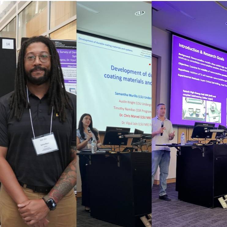 SURF students. Three photos side-by-side: left image of Quinton in front of posterboard, middle of Samantha presenting, left of Reece presenting.
