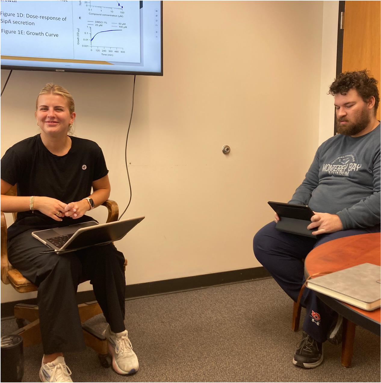 Two students are in a lab meeting. One of them is presenting a research.