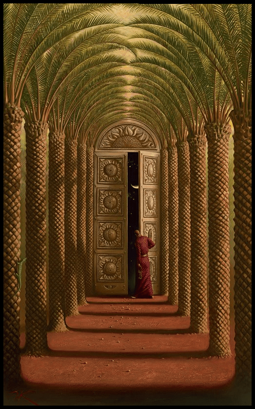 Image of man at the end of a hallway peering through door