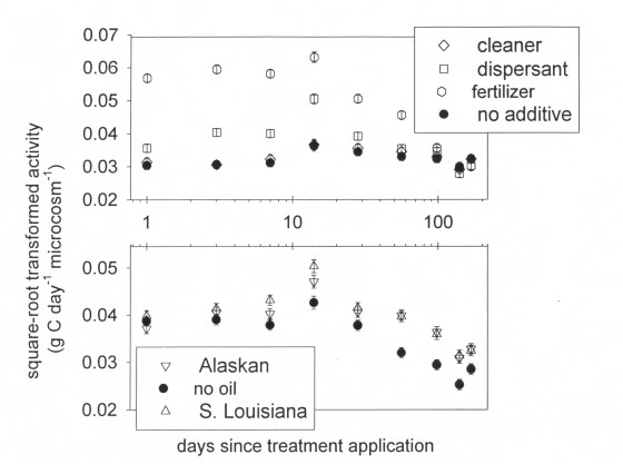 Figure 3. Microbial activity in needle rush marsh after adding oils and chemicals.