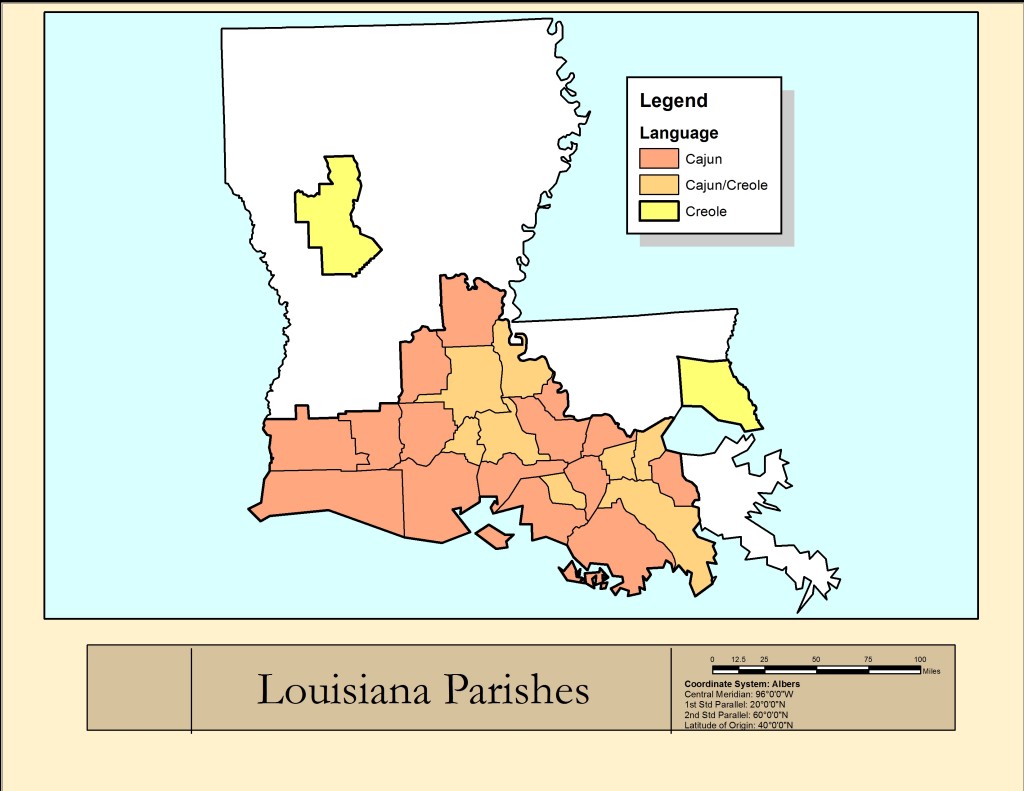 Map of Louisiana with parishes colored to indicate where Cajun and Creole French and English are spoken.