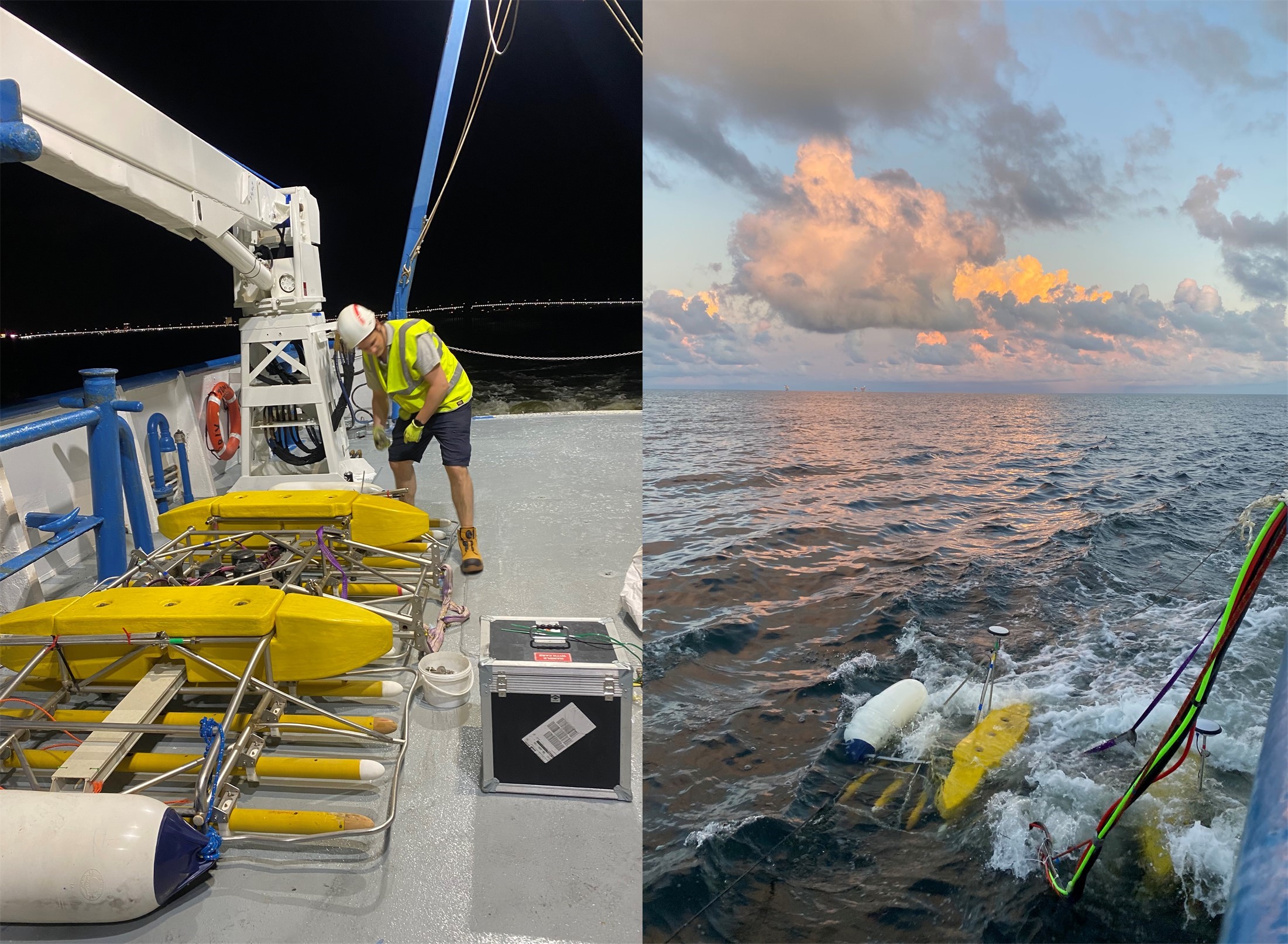 (left) the 3-D CHIRP gear getting setup on the deck of the boat and (right) the 3-D CHIRP array being towed off the sarboard side.