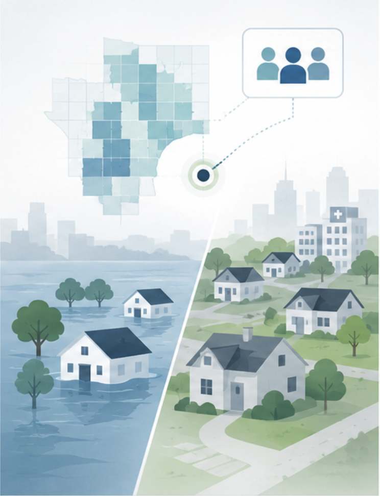 Understanding how communities recover after floods, hurricanes, and other weather-related disasters by integrating social vulnerability, damage assessments, and spatial data to support equitable and data-driven recovery planning.