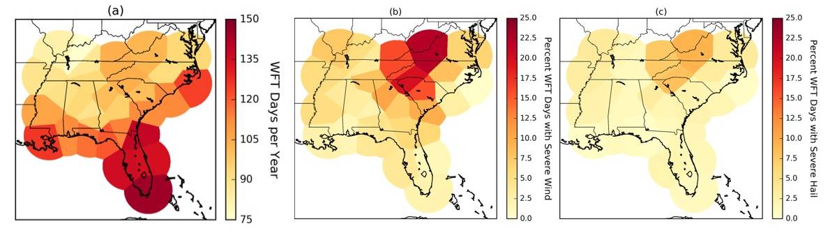 Distribution of pulse thunderstorms across Southeast U.S.