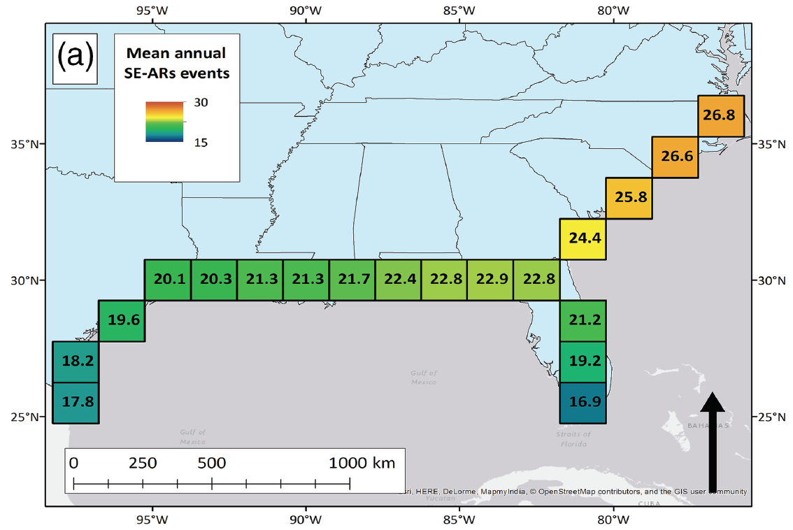 Distribution of atmospheric rivers along the Gulf and East coasts of the U.S.