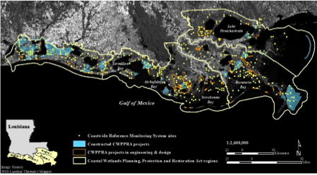 Map of the Louisiana coast highlighting research sites