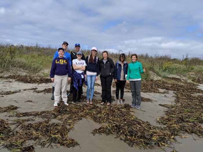 Students stand in a marsh.