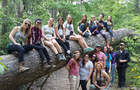 A group of students sitting on a log 