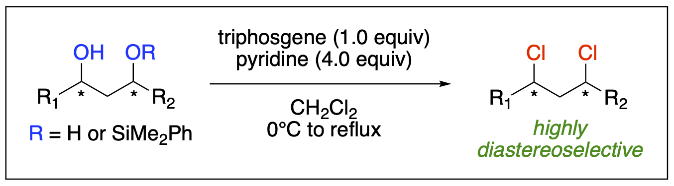 a reaction scheme to represent triphosgene-pyridine mediated stereoselective chlorination of acyclic aliphatic 1,3-diols