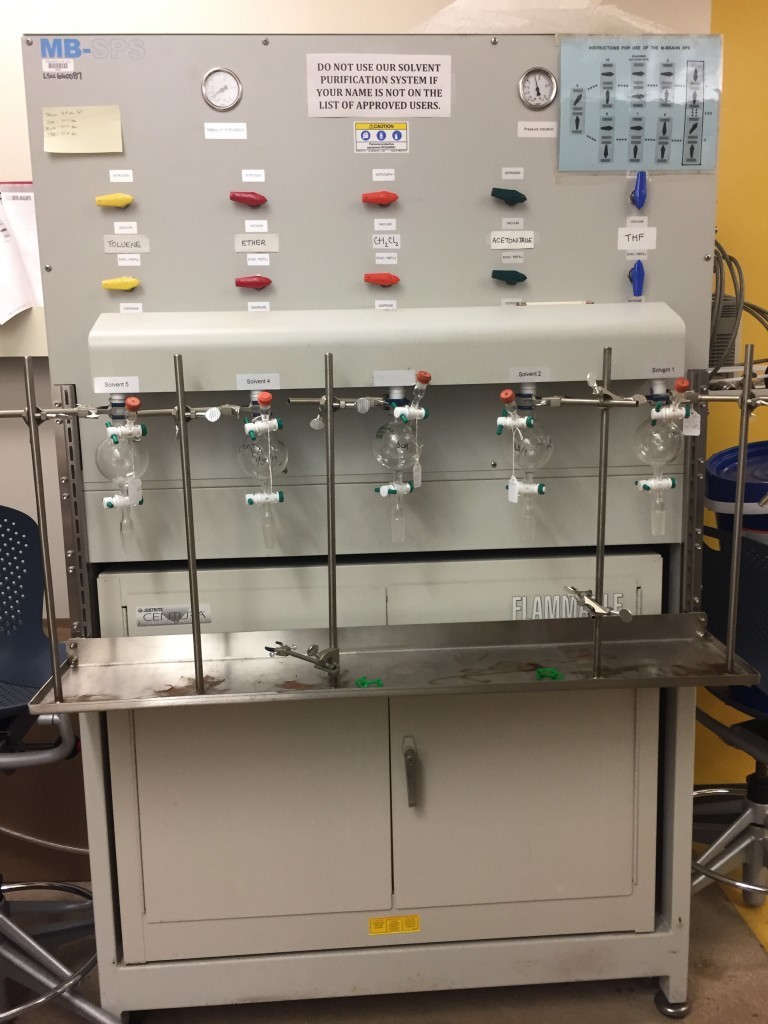 MBRAUN Solvent Purification System currently charged with: Toluene, Ether, DCM, Acetonitrile, and THF